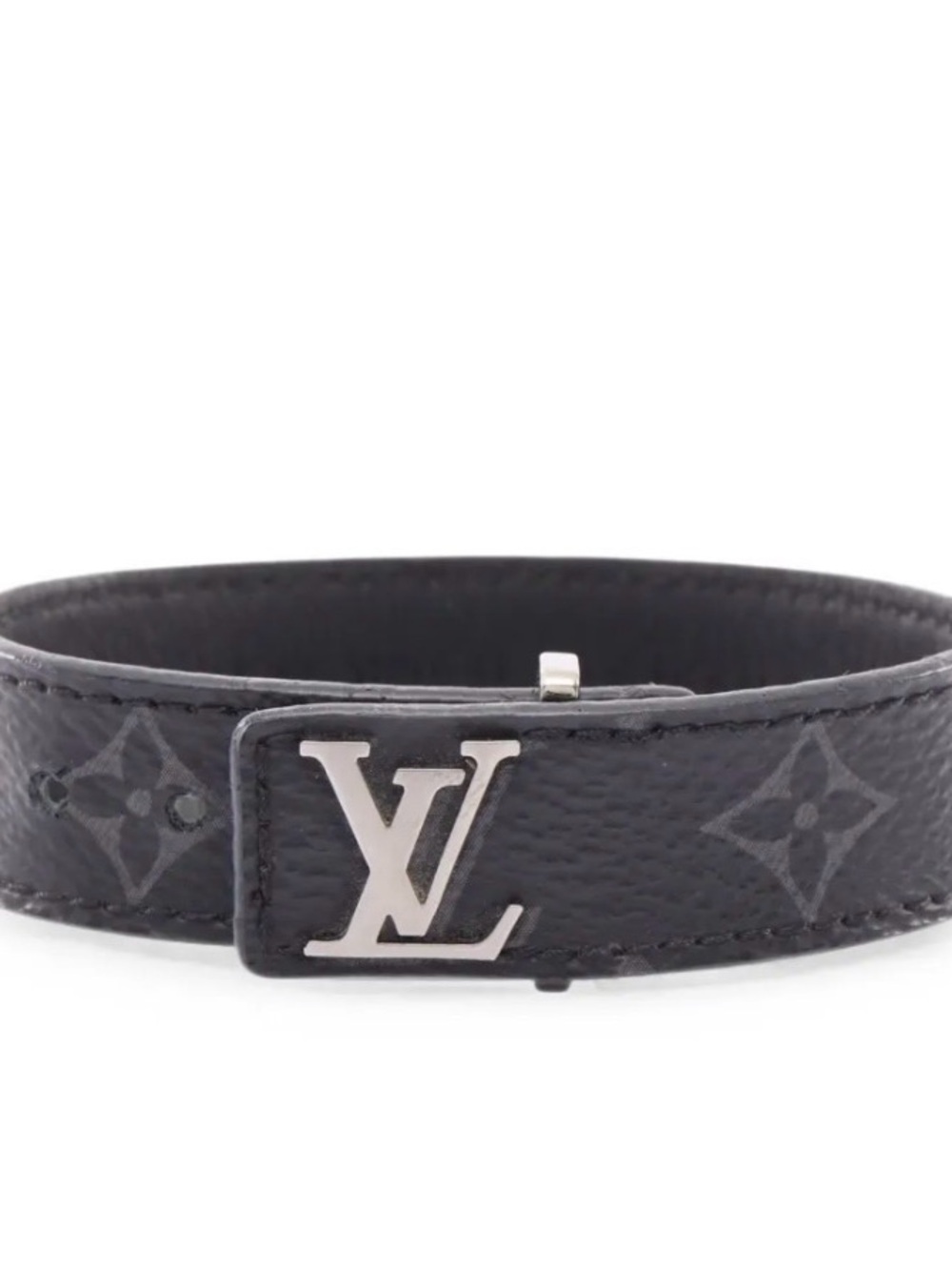 Louis Vuitton Black Monogram Leather Bracelet with Silver LV Buckle